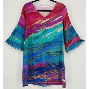 V-Neck Ruffled Tier Sleeve Multicolored Abstract Watercolor Dress Womens M